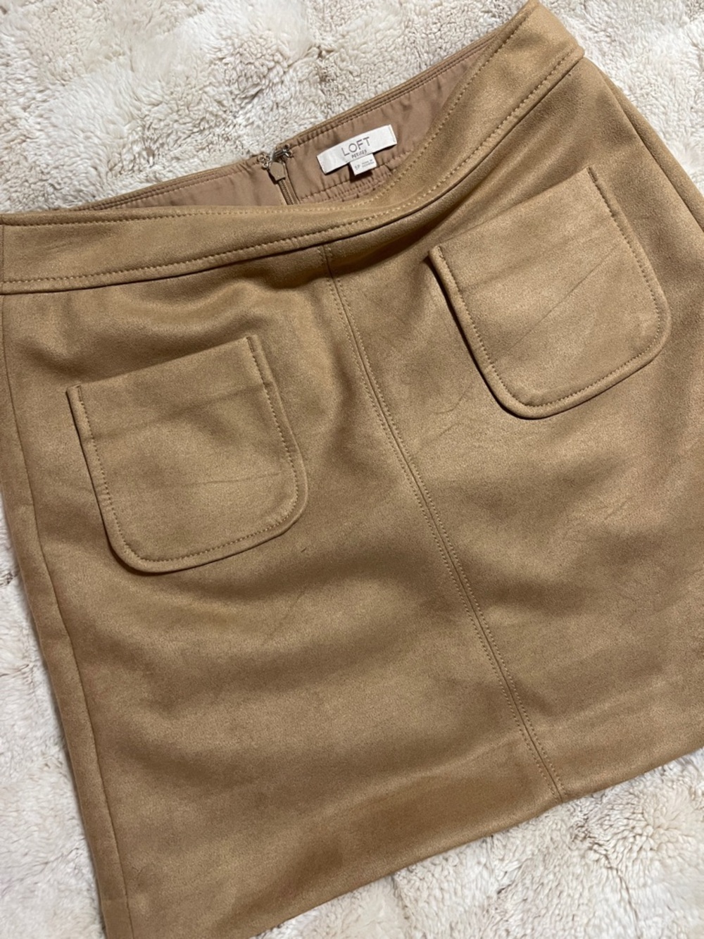 LOFT Camel Suede-Look Mini Skirt with Front Patch Pockets